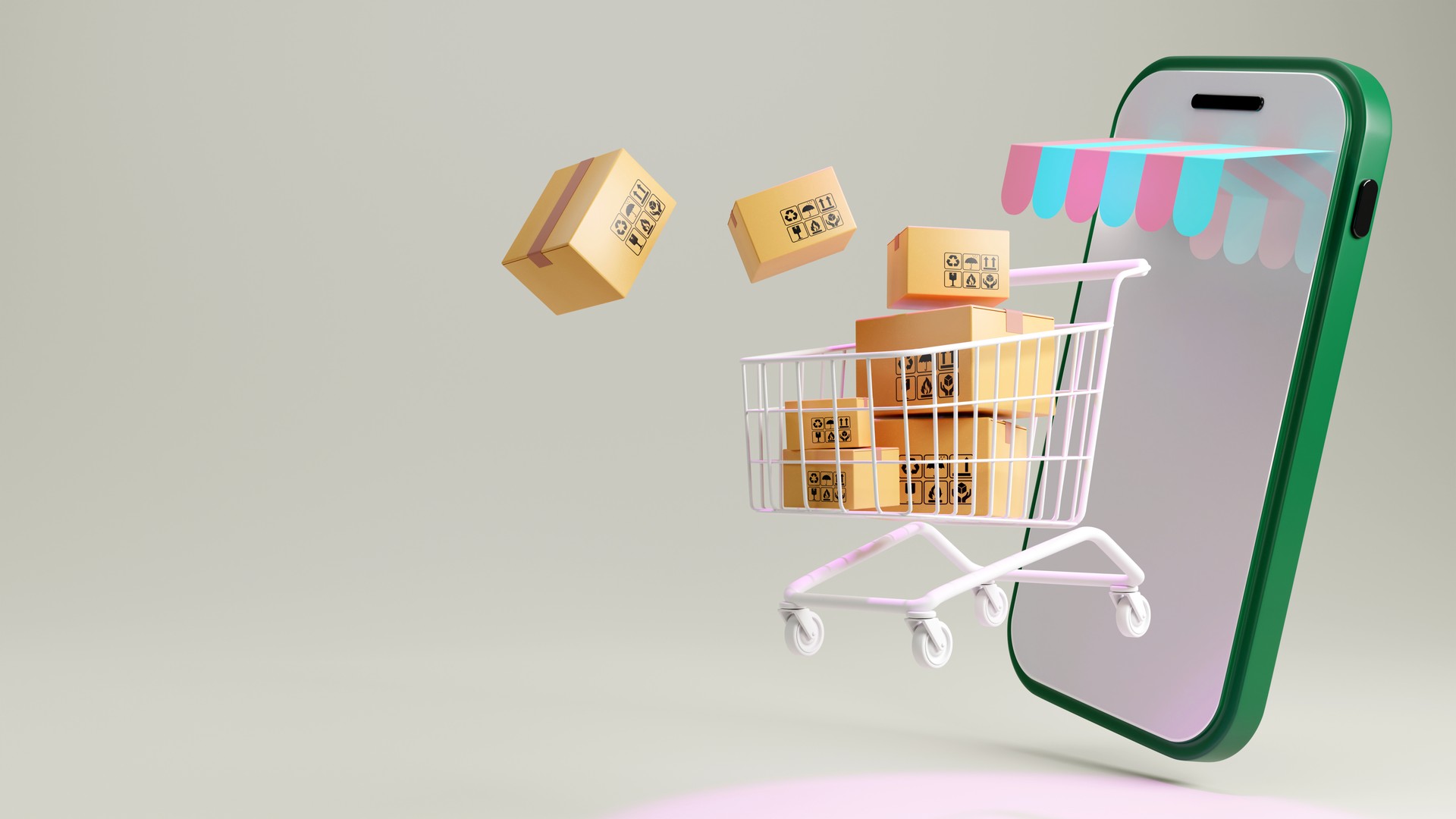 3D rendering of a shopping cart with parcel boxes,  smartphone application, Shopping online and delivery concept